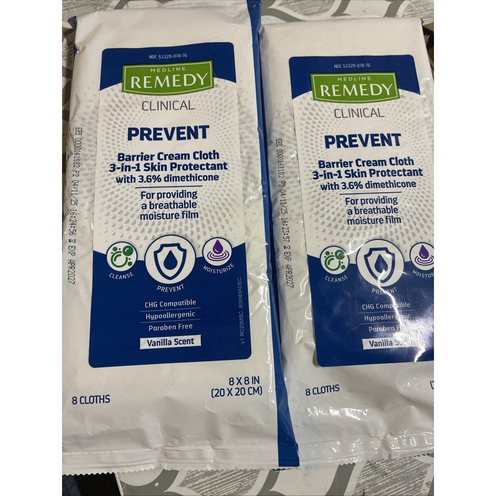 MEDLINE REMEDY PREVENT  PROTECTION BARRIER CREAM CLOTHS VANILLA SCENT LOT OF 2